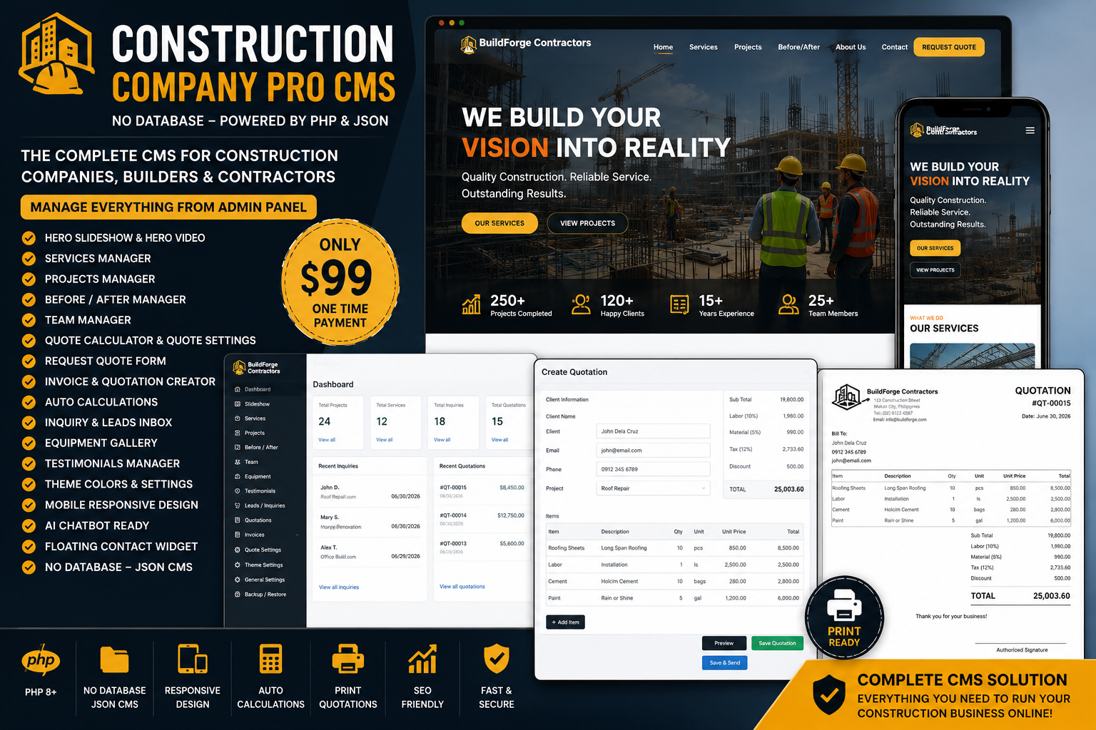 Construction Company Pro CMS (No Database PHP)
